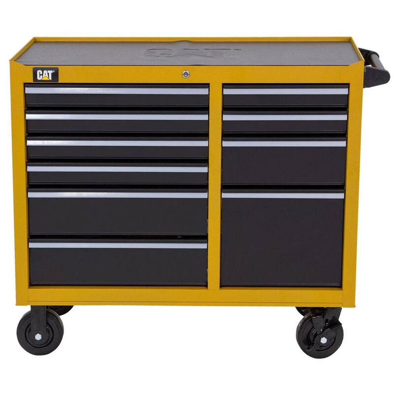 Gabinete para herramientas rodante CAT de acero calibre 16 amarillo de 41 pulgadas de ancho x 18 pulgadas de profundidad con sistema de cerradura con llave de 10 gavetas resistente. - CT1BYR