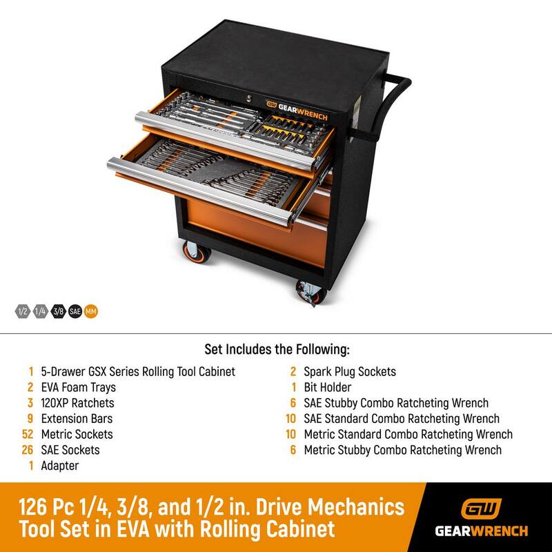 Set de herramientas mecánicas GEARWRENCH 120XP de 1/4 in. x 3/8 in. y 1/2 in. en EVA con gabinete rodante de 26 in. (126 piezas) - GW126CABNTCB.