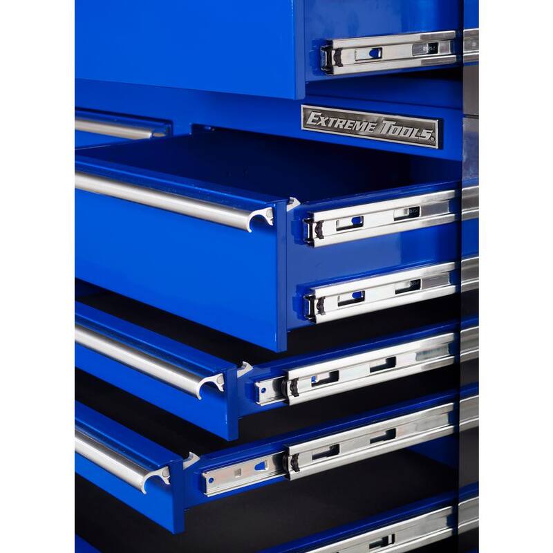 Caja de herramientas rodante negra mate de la serie RX de Extreme Tools de 72 pulg. de ancho x 25 pulg. de profundidad con 19 cajones, correderas de 150 libras y jaladeras negras - RX7219RCMK