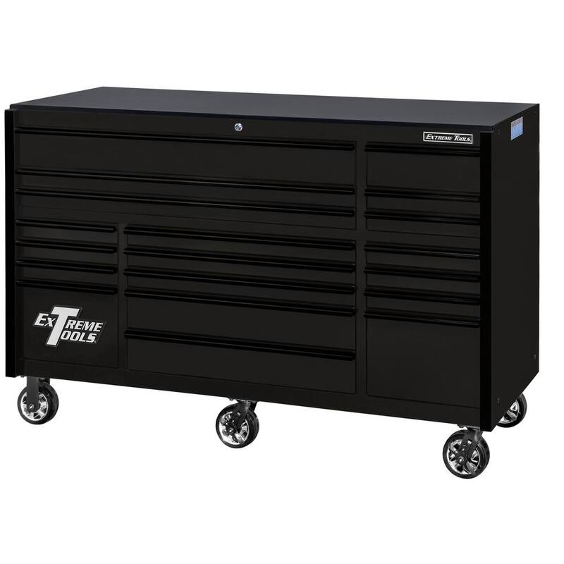 Caja de herramientas rodante negra mate de la serie RX de Extreme Tools de 72 pulg. de ancho x 25 pulg. de profundidad con 19 cajones, correderas de 150 libras y jaladeras negras - RX7219RCMK