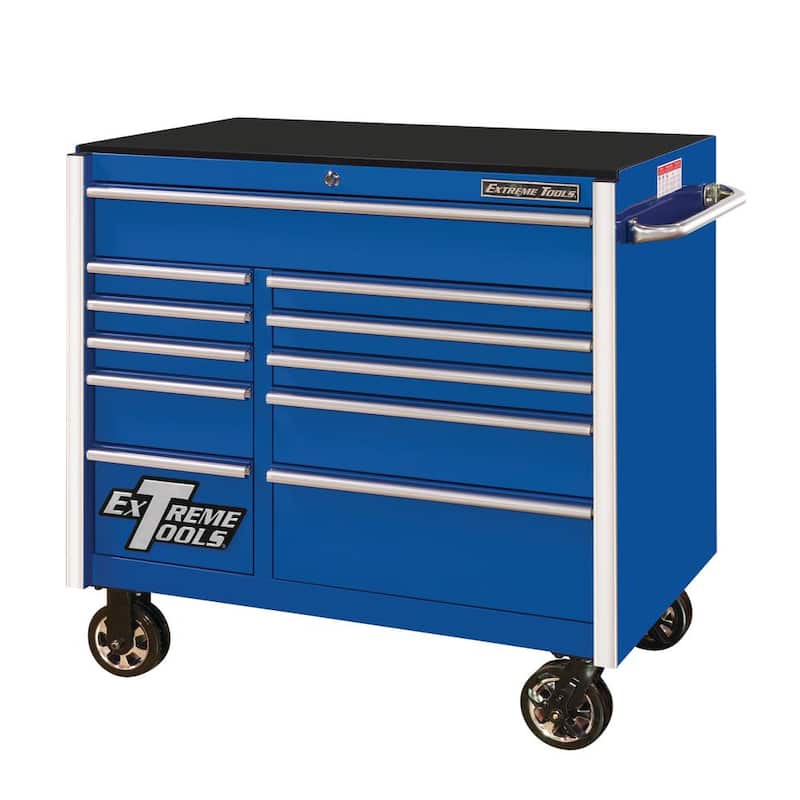 Cajón de herramientas rodante Extreme Tools RX Series de 41 pulg. de ancho x 25 pulg. de profundidad con 11 cajones en color azul - RX412511RCBL