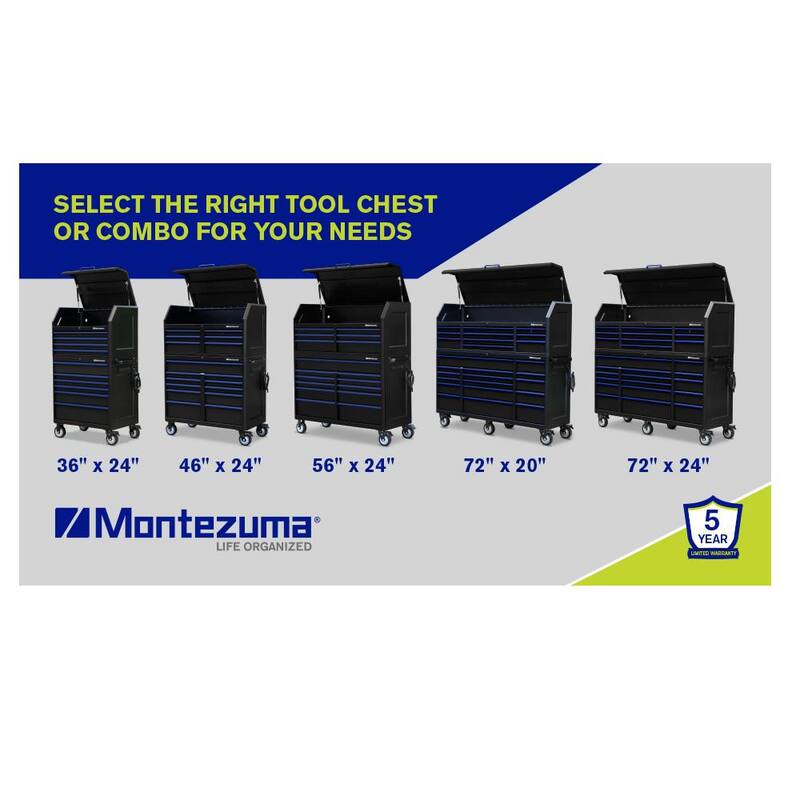 Montezuma 56 pulgadas de ancho x 24 pulgadas de profundidad 11-Cajón Gabinete de rodillos para herramientas con salidas de corriente y USB en negro y azul - BKM562411TC