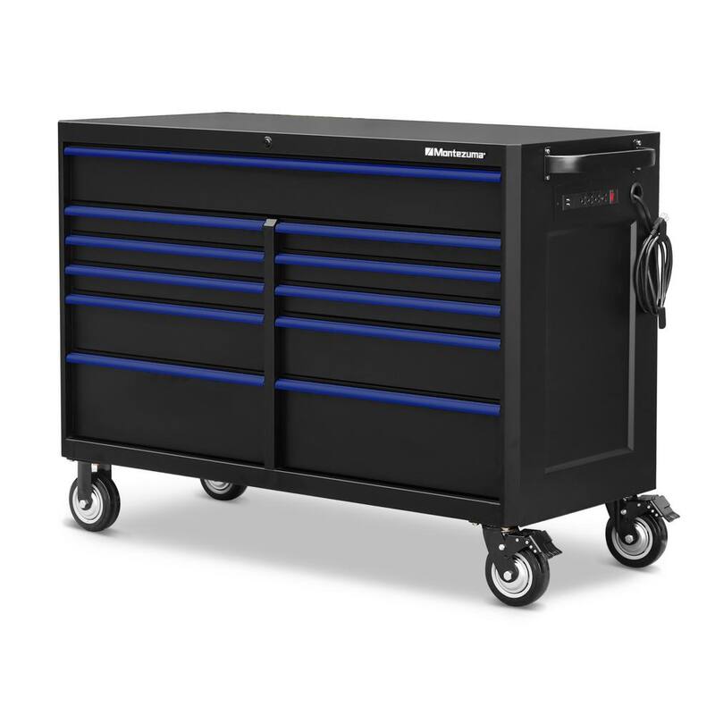 Montezuma 56 pulgadas de ancho x 24 pulgadas de profundidad 11-Cajón Gabinete de rodillos para herramientas con salidas de corriente y USB en negro y azul - BKM562411TC