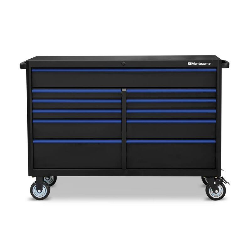 Montezuma 56 pulgadas de ancho x 24 pulgadas de profundidad 11-Cajón Gabinete de rodillos para herramientas con salidas de corriente y USB en negro y azul - BKM562411TC