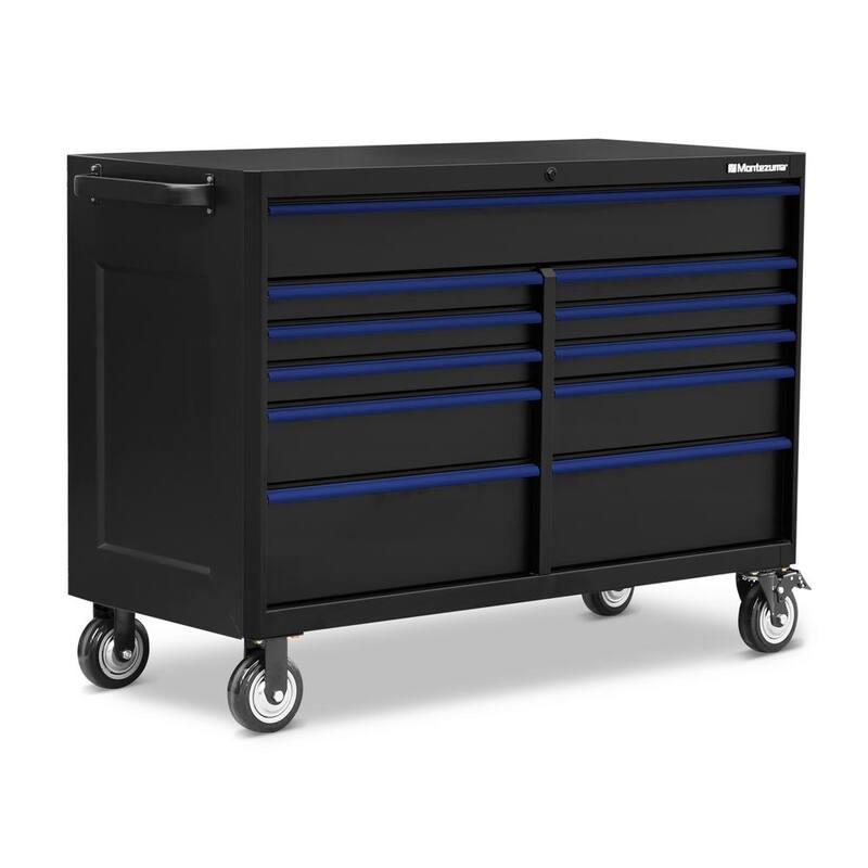 Montezuma 56 pulgadas de ancho x 24 pulgadas de profundidad 11-Cajón Gabinete de rodillos para herramientas con salidas de corriente y USB en negro y azul - BKM562411TC