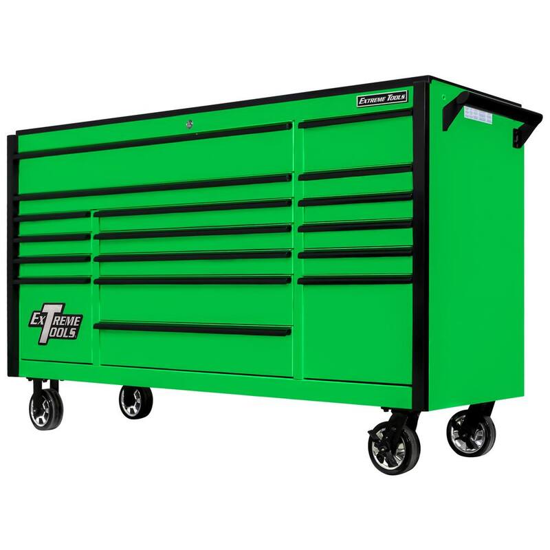 Extreme Tools DX Series 72 pulgadas de ancho x 21 pulgadas de profundidad 17 cajones gabinete rodante de herramientas con ruedas Mag en verde con tiradores de cajón negro - DX722117RCGNBK