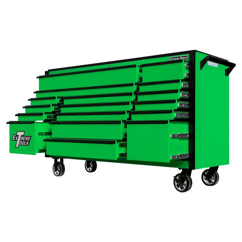 Extreme Tools DX Series 72 pulgadas de ancho x 21 pulgadas de profundidad 17 cajones gabinete rodante de herramientas con ruedas Mag en verde con tiradores de cajón negro - DX722117RCGNBK