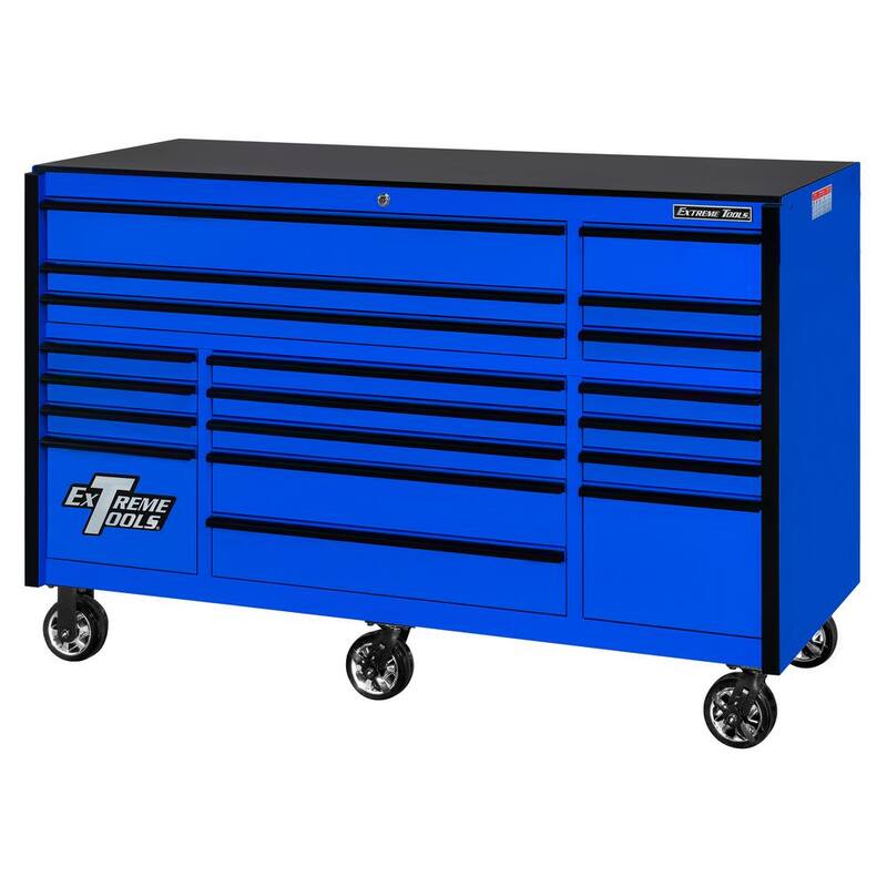 Cajón de herramientas rodante azul Extreme Tools RX Professional de 72 pulgadas de ancho x 25 pulgadas de profundidad con 19 cajones y correderas de 150 libras, jaladores de cajón negros - RX722519RCBLBK-X