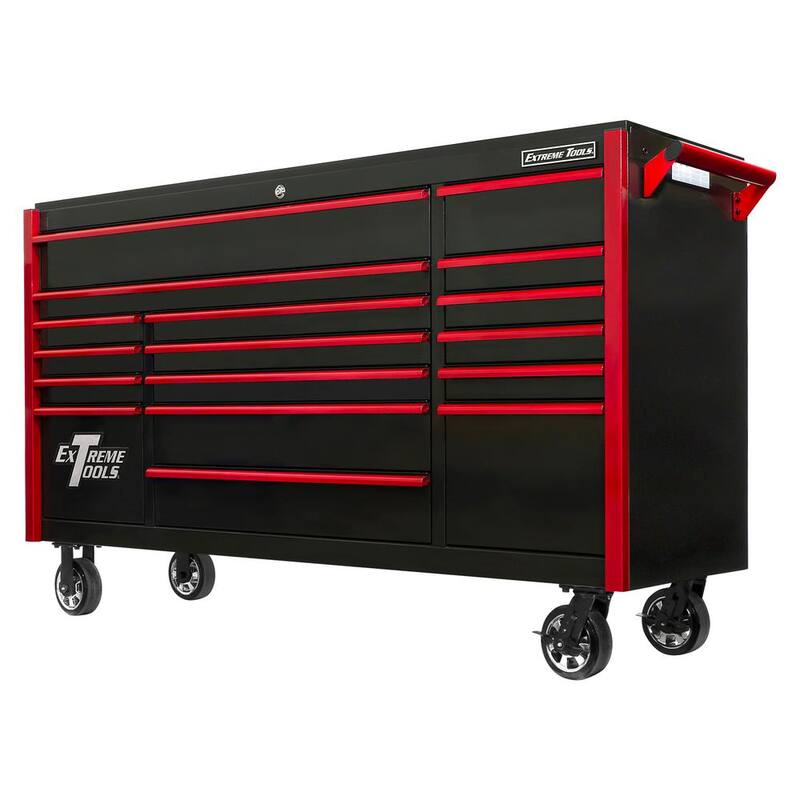 Caja de herramientas con ruedas Extreme Tools DX Series de 72 pulgadas con 17 cajones y ruedas Mag en negro con jaladeras rojas - DX722117RCBKRD