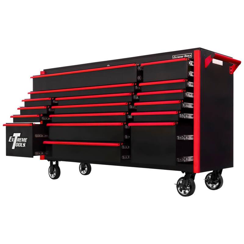 Caja de herramientas con ruedas Extreme Tools DX Series de 72 pulgadas con 17 cajones y ruedas Mag en negro con jaladeras rojas - DX722117RCBKRD