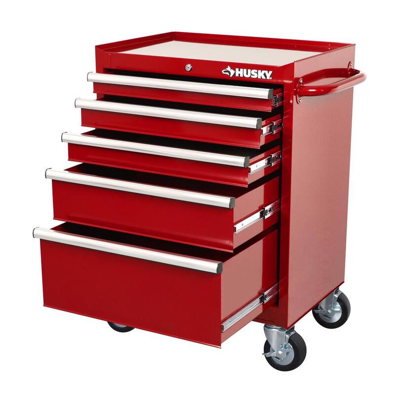 Gabinete para herramientas rodante de 5 cajones en rojo de servicio estándar de Husky de 27 pulgadas de ancho por 18 pulgadas de profundidad - H27TR5RED