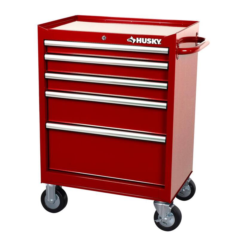 Gabinete para herramientas rodante de 5 cajones en rojo de servicio estándar de Husky de 27 pulgadas de ancho por 18 pulgadas de profundidad - H27TR5RED