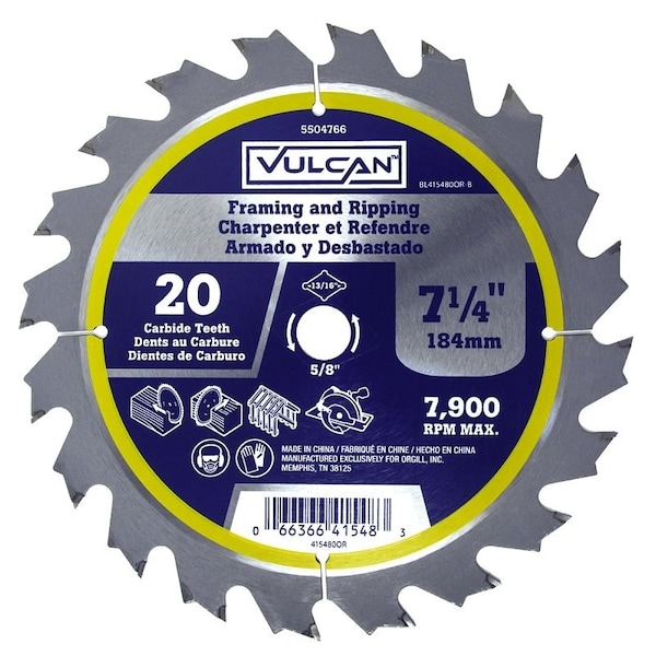 Vulcan Circular Saw Blade, 7-1/4 in Dia, 5/8 and 13/16 Diamond in Arbor - 415480OR