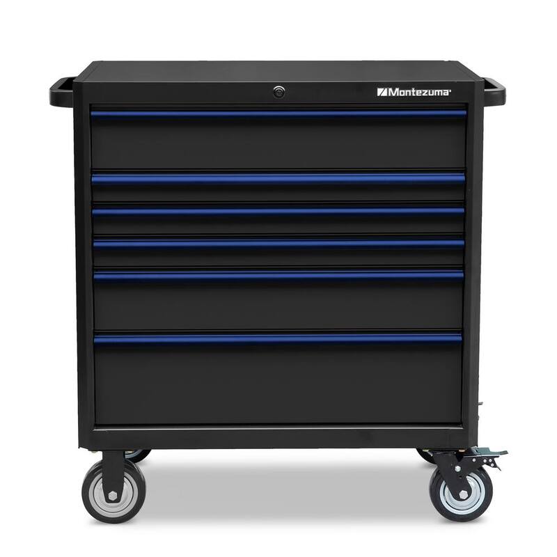 Gabinete rodante de herramientas con 6 cajones, toma de corriente y puertos USB en negro y azul - BKM362406TC