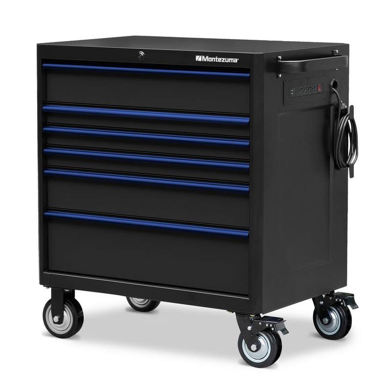 Gabinete rodante de herramientas con 6 cajones, toma de corriente y puertos USB en negro y azul - BKM362406TC