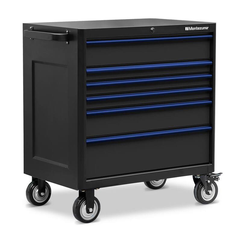 Gabinete rodante de herramientas con 6 cajones, toma de corriente y puertos USB en negro y azul - BKM362406TC