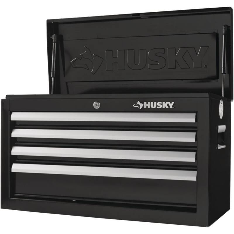 Cofre de herramientas superior Husky de 4 cajones estándar de 26 pulgadas de ancho por 12 pulgadas de profundidad en color negro brillante - HKST98065BK