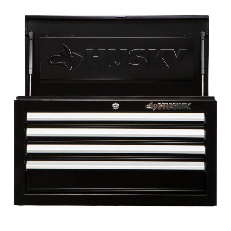 Cofre de herramientas superior Husky de 4 cajones estándar de 26 pulgadas de ancho por 12 pulgadas de profundidad en color negro brillante - HKST98065BK