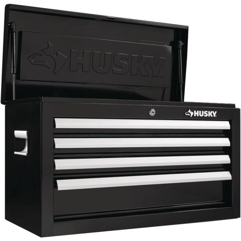 Cofre de herramientas superior Husky de 4 cajones estándar de 26 pulgadas de ancho por 12 pulgadas de profundidad en color negro brillante - HKST98065BK