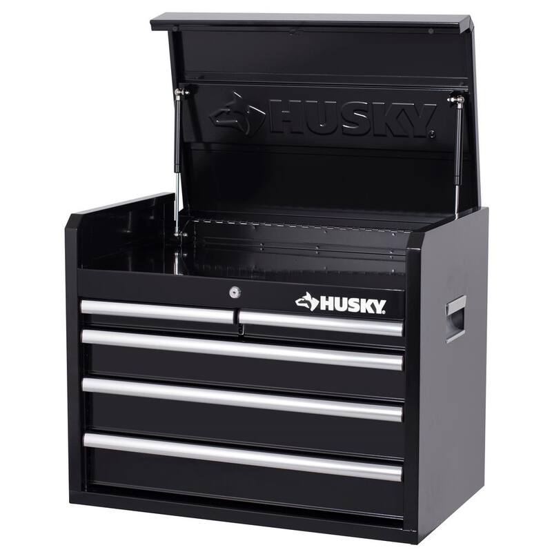 Almacenamiento de herramientas Husky de 26 pulgadas de ancho por 16 pulgadas de profundidad con 5 cajones, caja de herramientas con cubierta superior de color negro brillante - H26CH5BLK