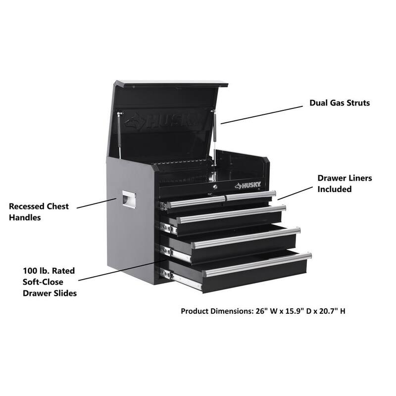 Almacenamiento de herramientas Husky de 26 pulgadas de ancho por 16 pulgadas de profundidad con 5 cajones, caja de herramientas con cubierta superior de color negro brillante - H26CH5BLK