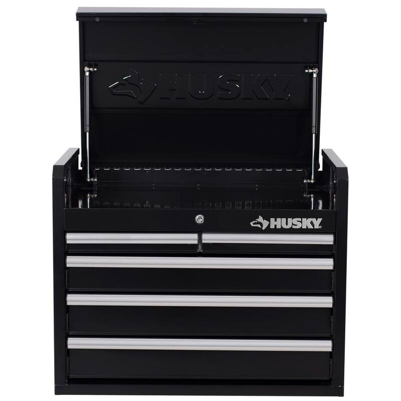 Almacenamiento de herramientas Husky de 26 pulgadas de ancho por 16 pulgadas de profundidad con 5 cajones, caja de herramientas con cubierta superior de color negro brillante - H26CH5BLK