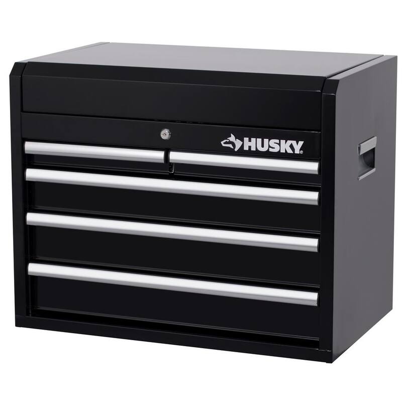 Almacenamiento de herramientas Husky de 26 pulgadas de ancho por 16 pulgadas de profundidad con 5 cajones, caja de herramientas con cubierta superior de color negro brillante - H26CH5BLK