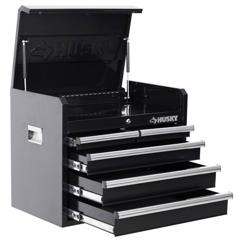 Almacenamiento de herramientas Husky de 26 pulgadas de ancho por 16 pulgadas de profundidad con 5 cajones, caja de herramientas con cubierta superior de color negro brillante - H26CH5BLK
