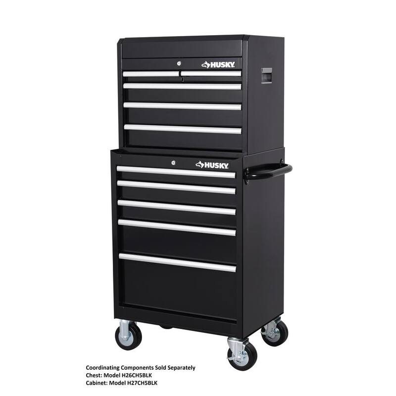 Almacenamiento de herramientas Husky de 26 pulgadas de ancho por 16 pulgadas de profundidad con 5 cajones, caja de herramientas con cubierta superior de color negro brillante - H26CH5BLK