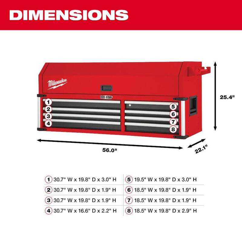 Milwaukee Gran Capacidad 56 pulgadas de Ancho x 22 pulgadas de Profundidad 8 Cajones en la Parte Superior del Gabinete de Herramientas - 48-22-8558