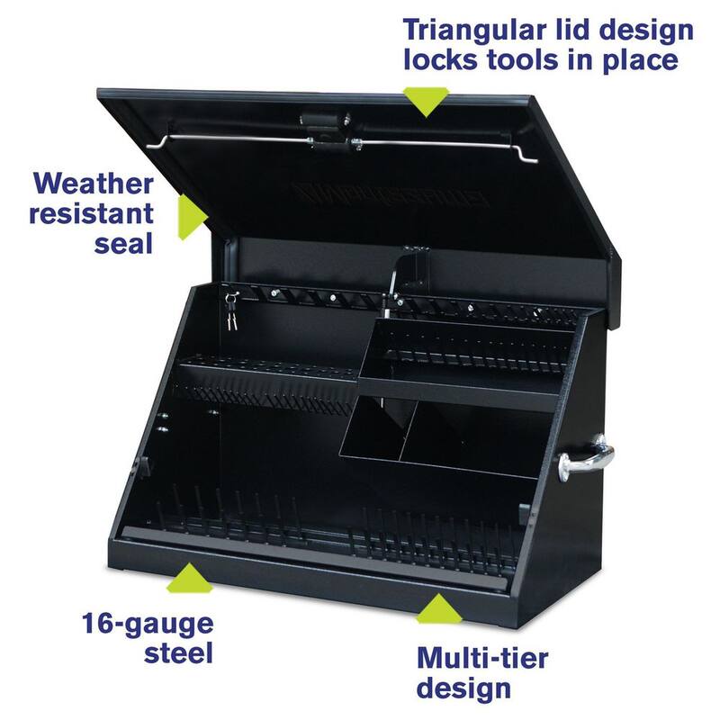 Montezuma 31 pulgadas de ancho x 15 pulgadas de profundidad. Gabinete de herramientas portátil con tapa triangular para enchufes, llaves y desarmadores en recubrimiento de polvo negro - ME300B