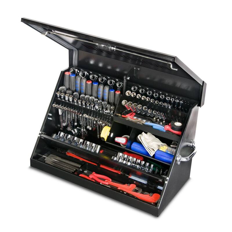 Montezuma 31 pulgadas de ancho x 15 pulgadas de profundidad. Gabinete de herramientas portátil con tapa triangular para enchufes, llaves y desarmadores en recubrimiento de polvo negro - ME300B