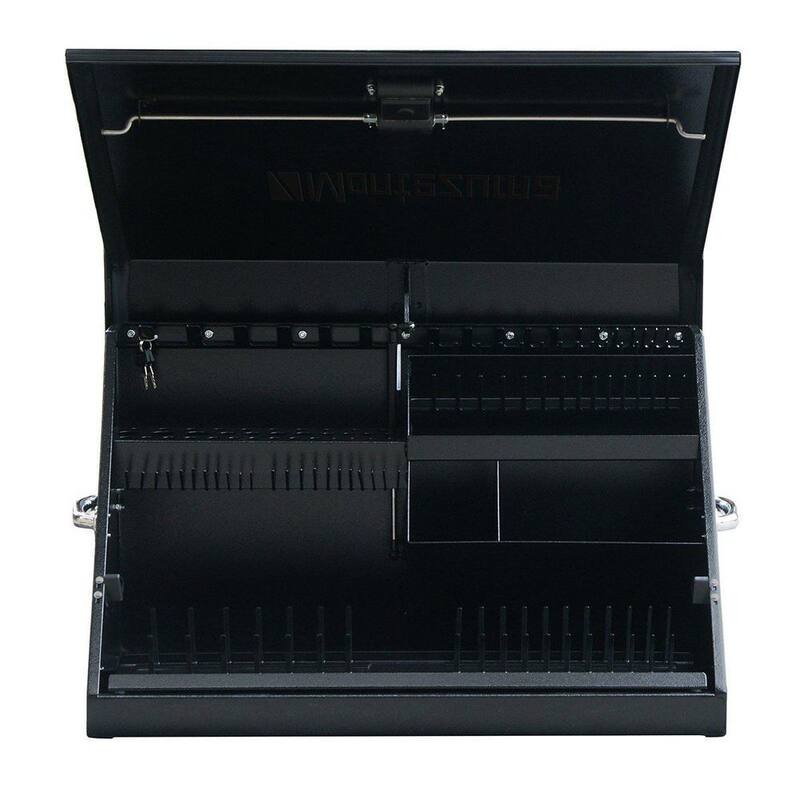 Montezuma 31 pulgadas de ancho x 15 pulgadas de profundidad. Gabinete de herramientas portátil con tapa triangular para enchufes, llaves y desarmadores en recubrimiento de polvo negro - ME300B