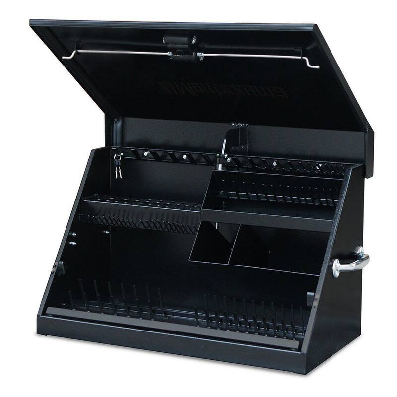 Montezuma 31 pulgadas de ancho x 15 pulgadas de profundidad. Gabinete de herramientas portátil con tapa triangular para enchufes, llaves y desarmadores en recubrimiento de polvo negro - ME300B