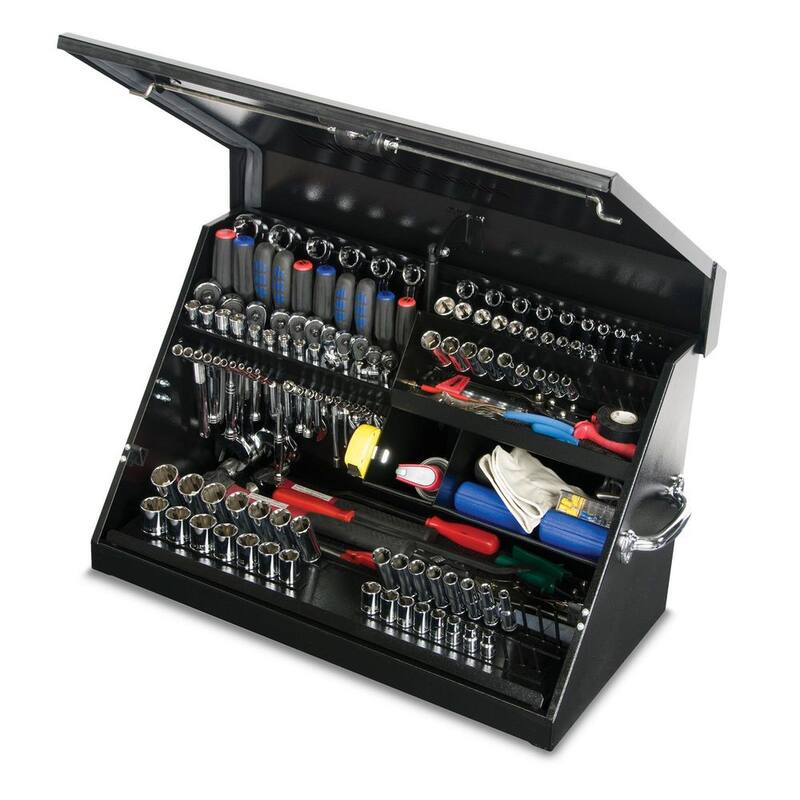 Montezuma 31 pulgadas de ancho x 15 pulgadas de profundidad. Gabinete de herramientas portátil con tapa triangular para enchufes, llaves y desarmadores en recubrimiento de polvo negro - ME300B