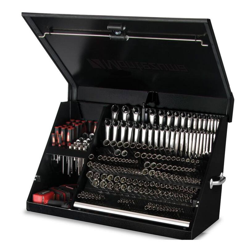 Montezuma 37 pulgadas de ancho x 18 pulgadas de profundidad Cofre de herramientas portátil con tapa triangular para sockets, llaves y destornilladores en acabado en polvo negro - XL450B