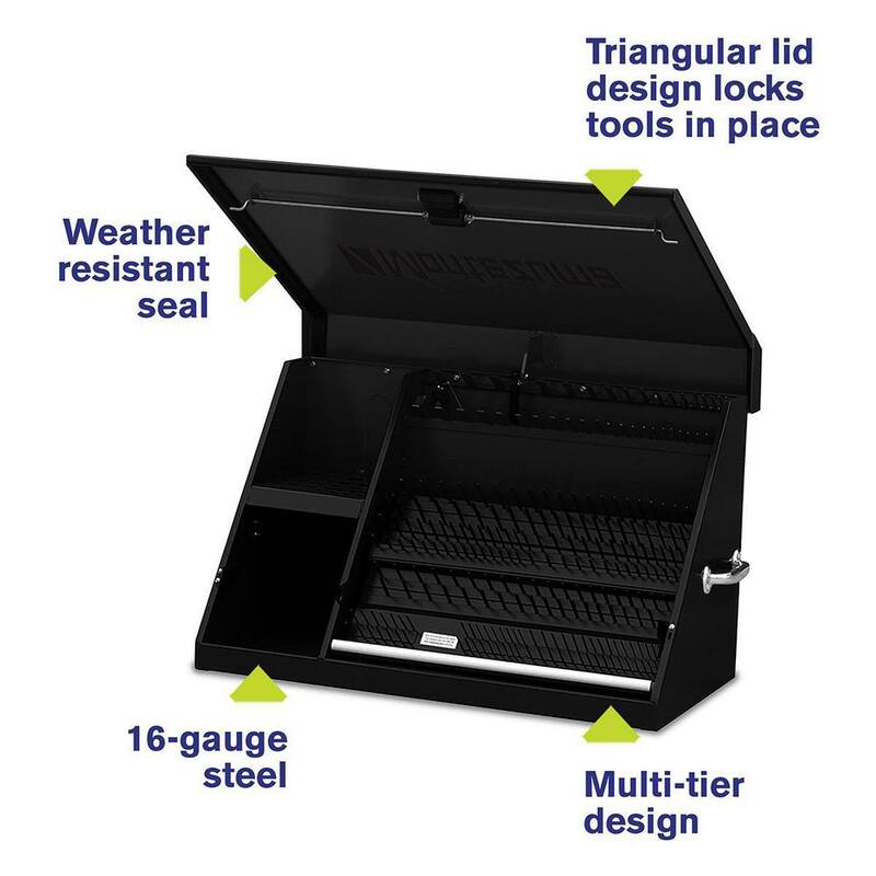 Montezuma 37 pulgadas de ancho x 18 pulgadas de profundidad Cofre de herramientas portátil con tapa triangular para sockets, llaves y destornilladores en acabado en polvo negro - XL450B