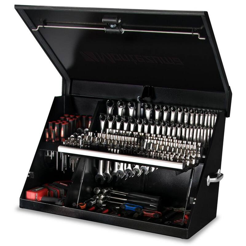 Montezuma 37 pulgadas de ancho x 18 pulgadas de profundidad Cofre de herramientas portátil con tapa triangular para sockets, llaves y destornilladores en acabado en polvo negro - XL450B