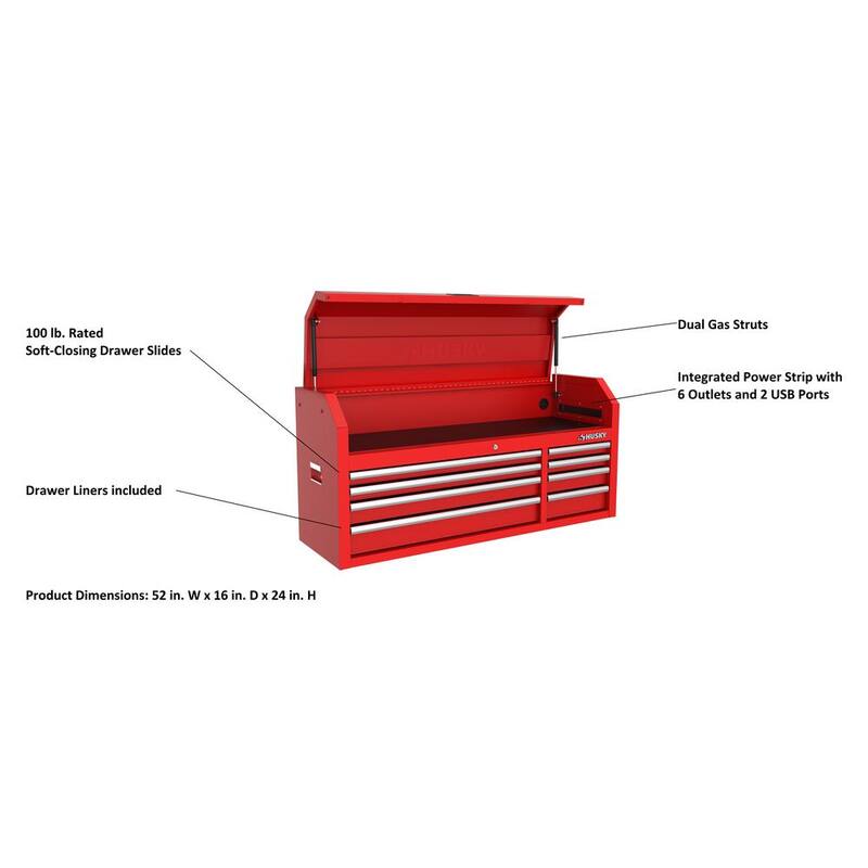 Husky Almacenamiento de Herramientas Modular 52 pulgadas de ancho x 16 pulgadas de profundidad Caja de Herramientas con Tapa Roja de Servicio Estándar - H52CH8MODRED