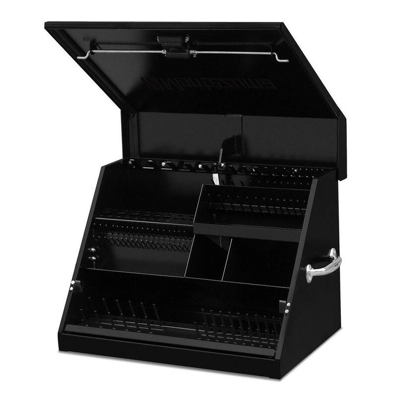 Cofre de herramientas portátil de forma triangular Montezuma de 27 pulgadas de ancho por 18 pulgadas de profundidad para dados, llaves y desarmadores en acabado en polvo negro - SE250B