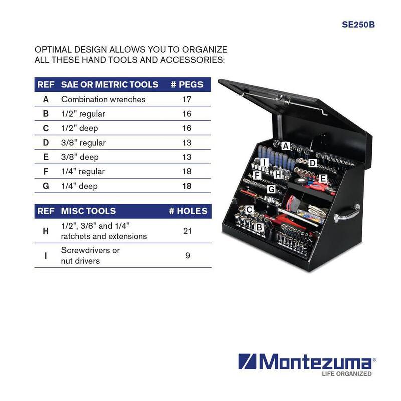 Cofre de herramientas portátil de forma triangular Montezuma de 27 pulgadas de ancho por 18 pulgadas de profundidad para dados, llaves y desarmadores en acabado en polvo negro - SE250B