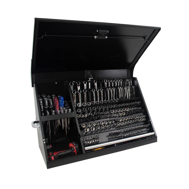 Husky Heavy-Duty 36 pulgadas de ancho x 17 pulgadas de profundidad Cofre de acero negro portátil con tapa triangular para sockets, llaves y desarmadores - THD36280