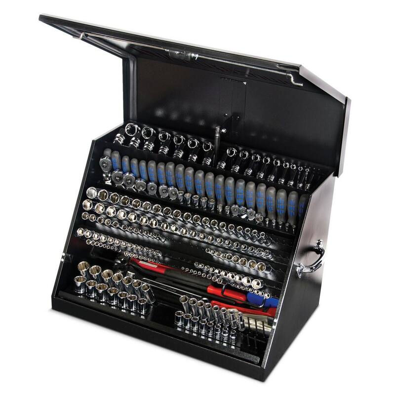Cofre de herramientas portátil para sockets, llaves y desarmadores en polvo negro con parte superior de triángulo de 31 pulgadas de ancho y 20 pulgadas de largo de Montezuma - LA400B