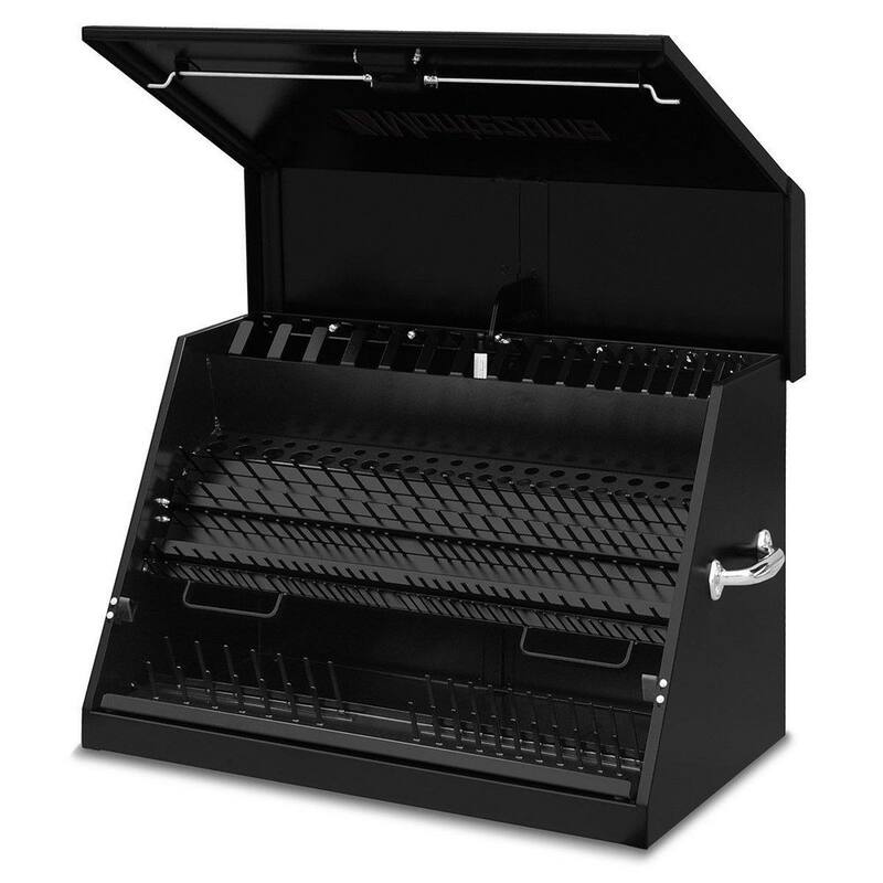 Cofre de herramientas portátil para sockets, llaves y desarmadores en polvo negro con parte superior de triángulo de 31 pulgadas de ancho y 20 pulgadas de largo de Montezuma - LA400B