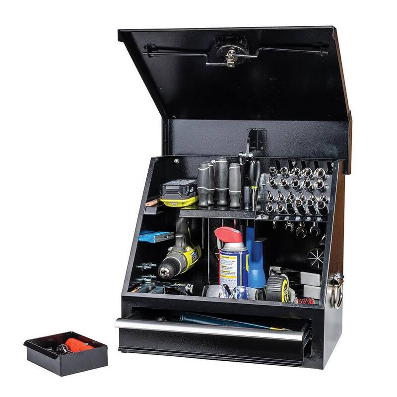 Montezuma 18 in. W x 12 in. D 1-Gaveta Caja de Herramientas Triangular Portátil de Acero Negro para Sockets, Llaves y Desarmadores - SB180DB
