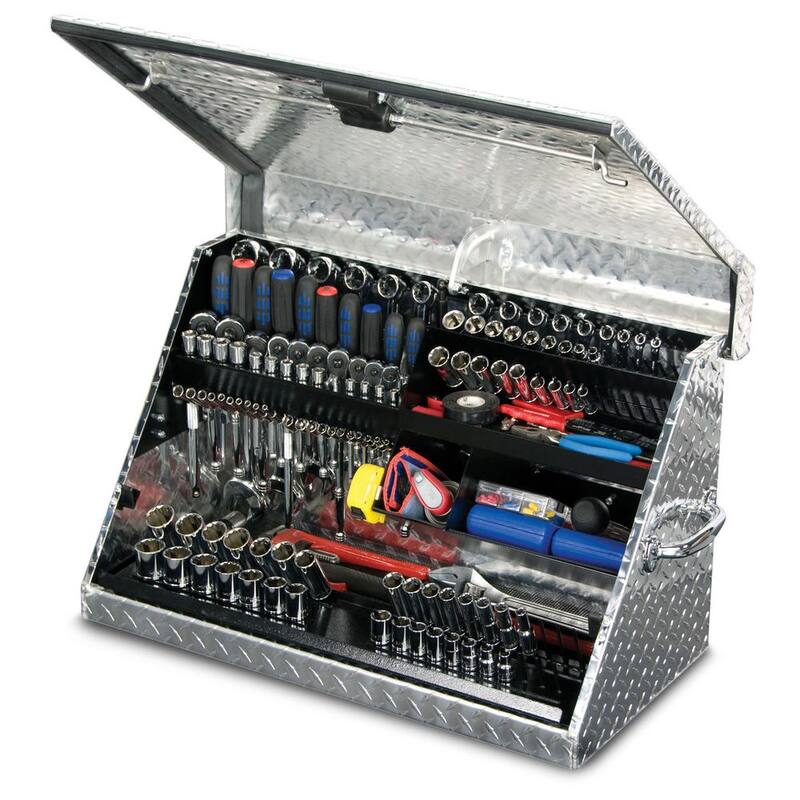 Montezuma 31 pulgadas de ancho x 16 pulgadas de profundidad. Caja de herramientas triangular portátil para enchufes, llaves y destornilladores en aluminio - ME300AL.