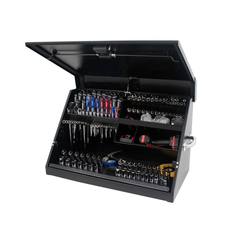 Husky Heavy-Duty 30 pulgadas de ancho x 15 pulgadas de profundidad Caja portátil de acero negro con tapa triangular para sockets, llaves y desarmadores - THD30140