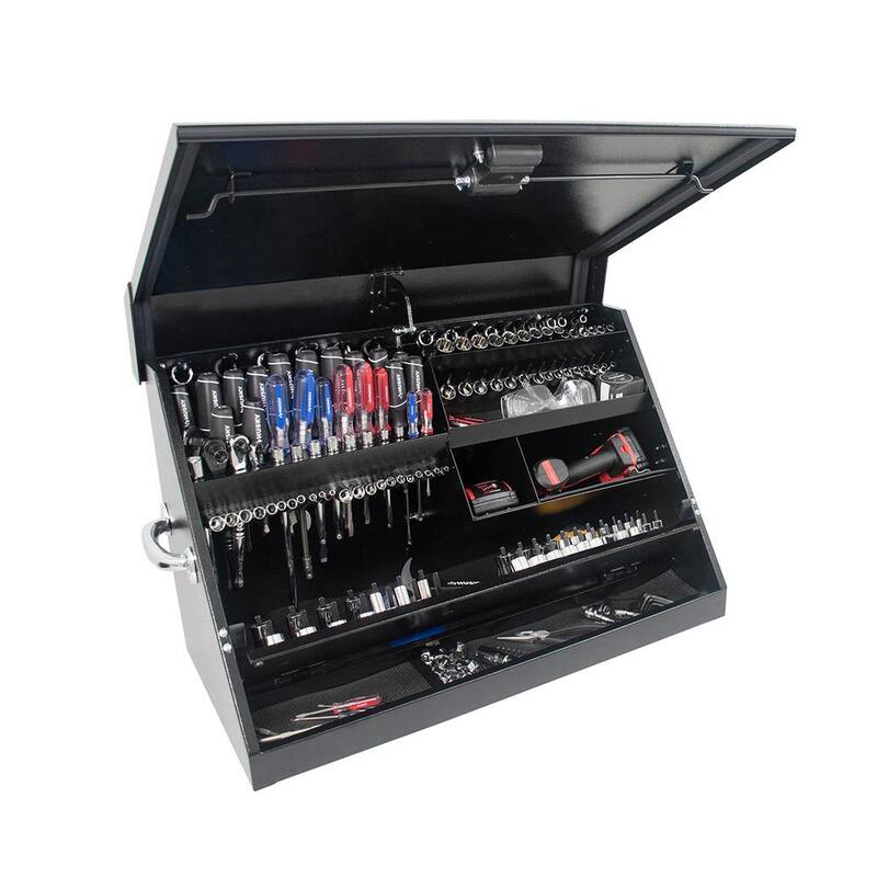 Husky Heavy-Duty 30 pulgadas de ancho x 15 pulgadas de profundidad Caja portátil de acero negro con tapa triangular para sockets, llaves y desarmadores - THD30140