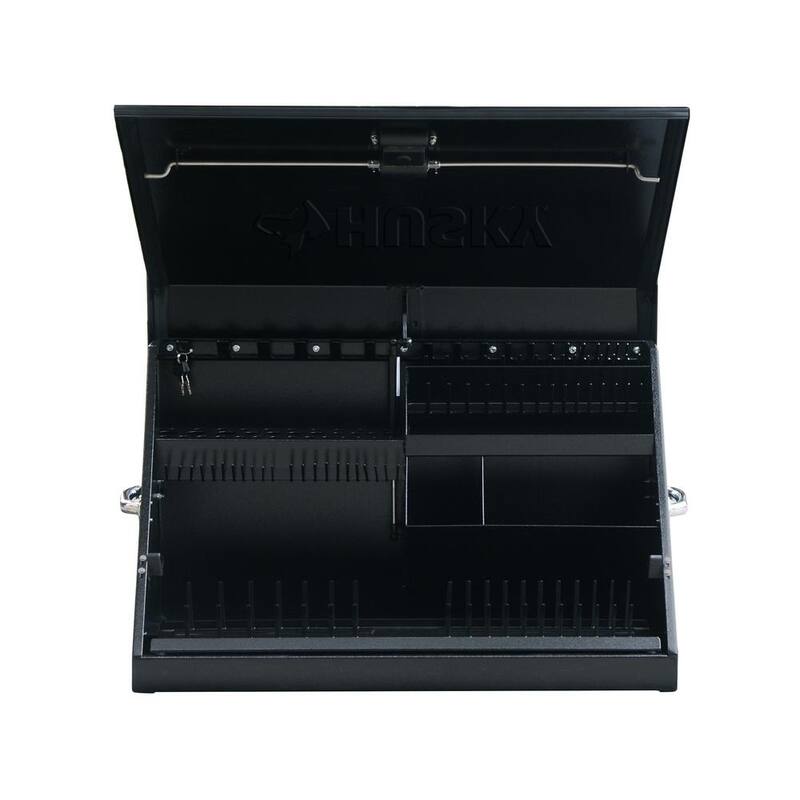 Husky Heavy-Duty 30 pulgadas de ancho x 15 pulgadas de profundidad Caja portátil de acero negro con tapa triangular para sockets, llaves y desarmadores - THD30140