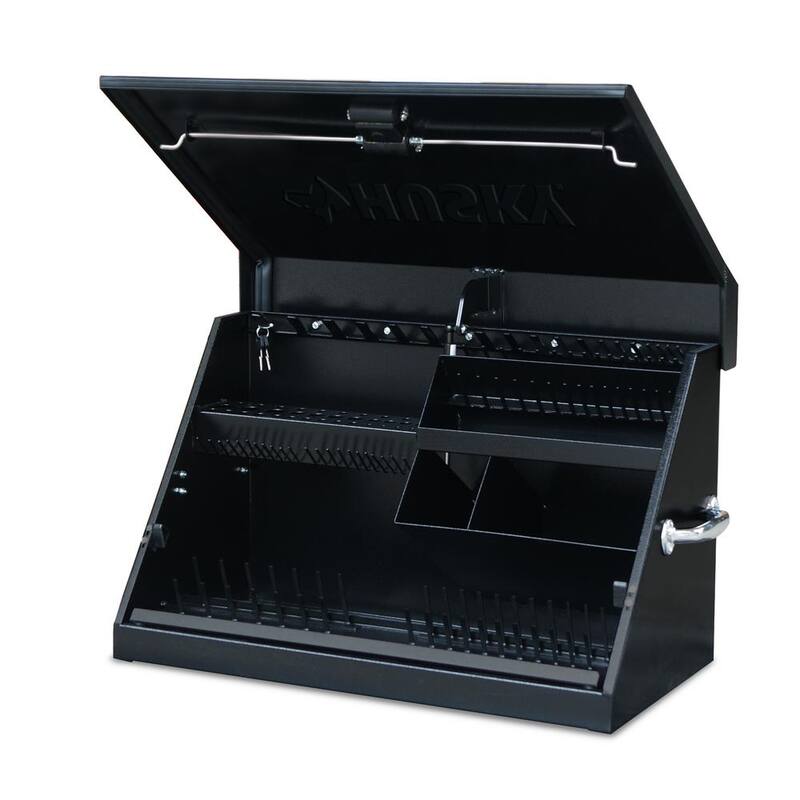 Husky Heavy-Duty 30 pulgadas de ancho x 15 pulgadas de profundidad Caja portátil de acero negro con tapa triangular para sockets, llaves y desarmadores - THD30140